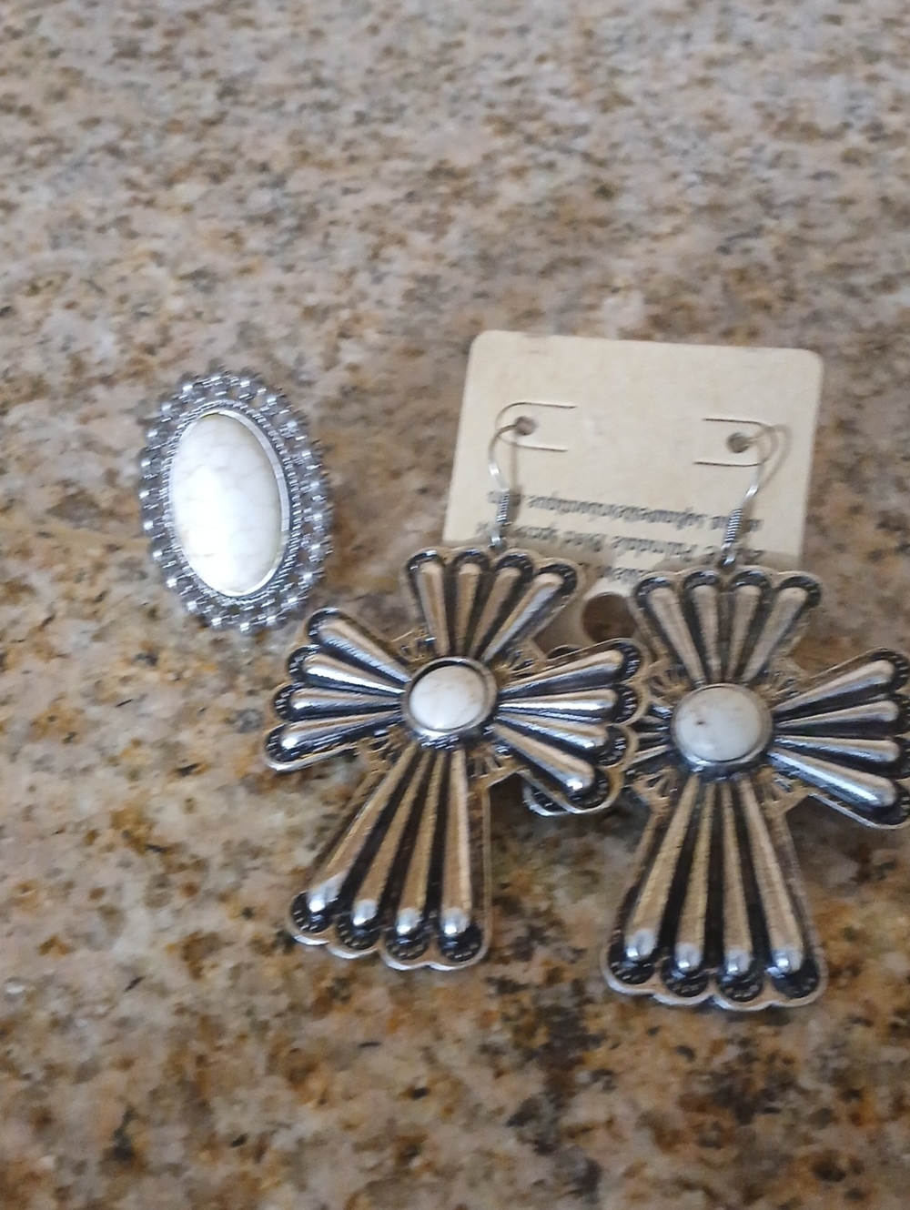 Silver-tone Cross Earrings and White Stone Ring Set